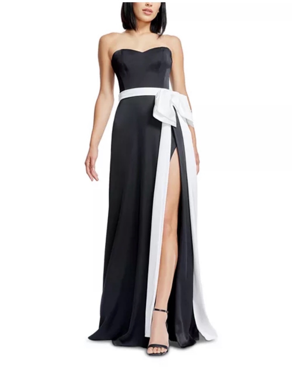 Dress the Population Strapless Black Gown with White Waist Sash